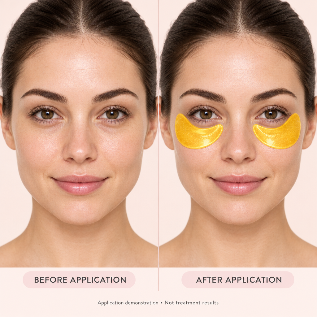  Side-by-side model portraits without and with gold under-eye patches, showing application rather than treatment results.