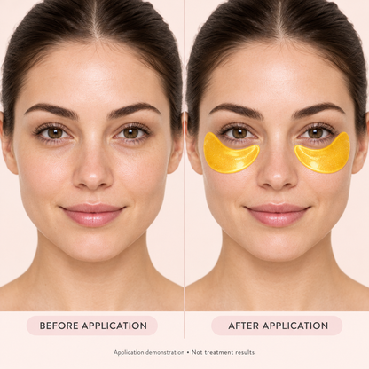  Side-by-side model portraits without and with gold under-eye patches, showing application rather than treatment results.