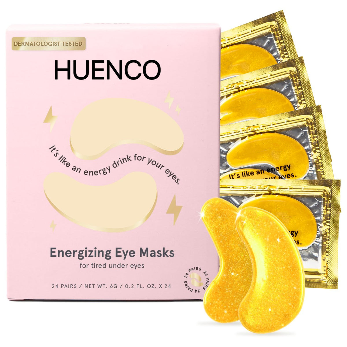 Pink HUENCO Energizing Eye Masks box with gold foil sachets and two crescent-shaped gold gel patches on a white background.
