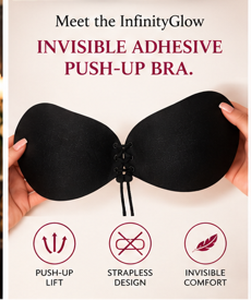 Black invisible adhesive push-up bra with strapless design and push-up lift details