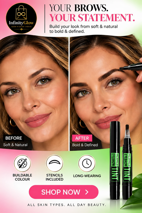 Before and after comparison showing soft natural brows transforming to bold defined brows...