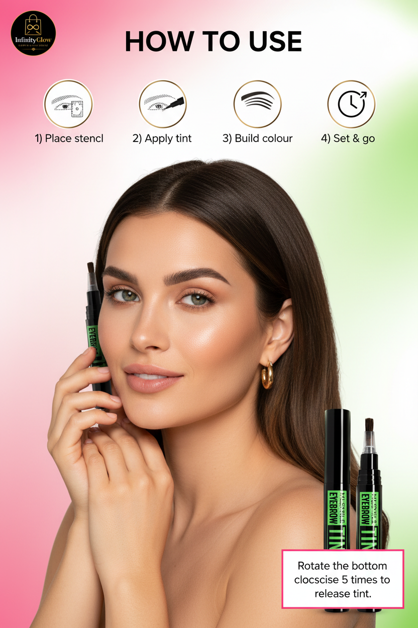 Step-by-step guide: place stencil, apply tint, build colour, set for all-day wear...