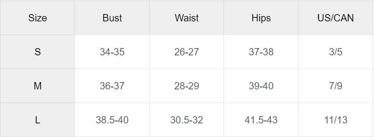 Size chart for clothing with bust, waist, and hips measurements.