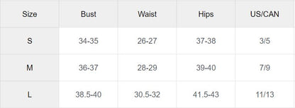 Size chart for clothing with bust, waist, and hips measurements.
