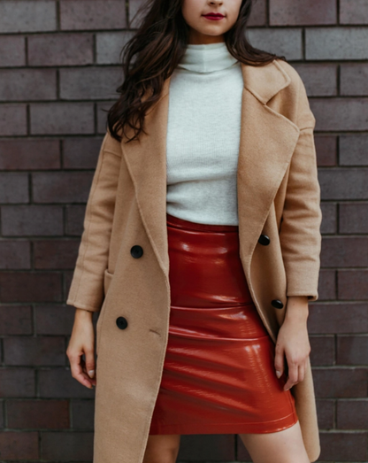 Woman's  a beige coat, white turtleneck, and red leather skirt against a brick wall.