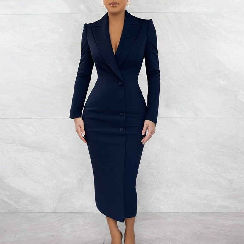 Navy blue suit with a white background