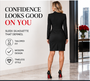 A woman pencil cut  stands with her back to the camera wearing a fitted black knee-length tailored dress or skirt suit in a bright modern interior. Large promotional text on the left reads 'CONFIDENCE LOOKS GOOD ON YOU' with feature callouts including tailored fit, modern design, and timeless style.