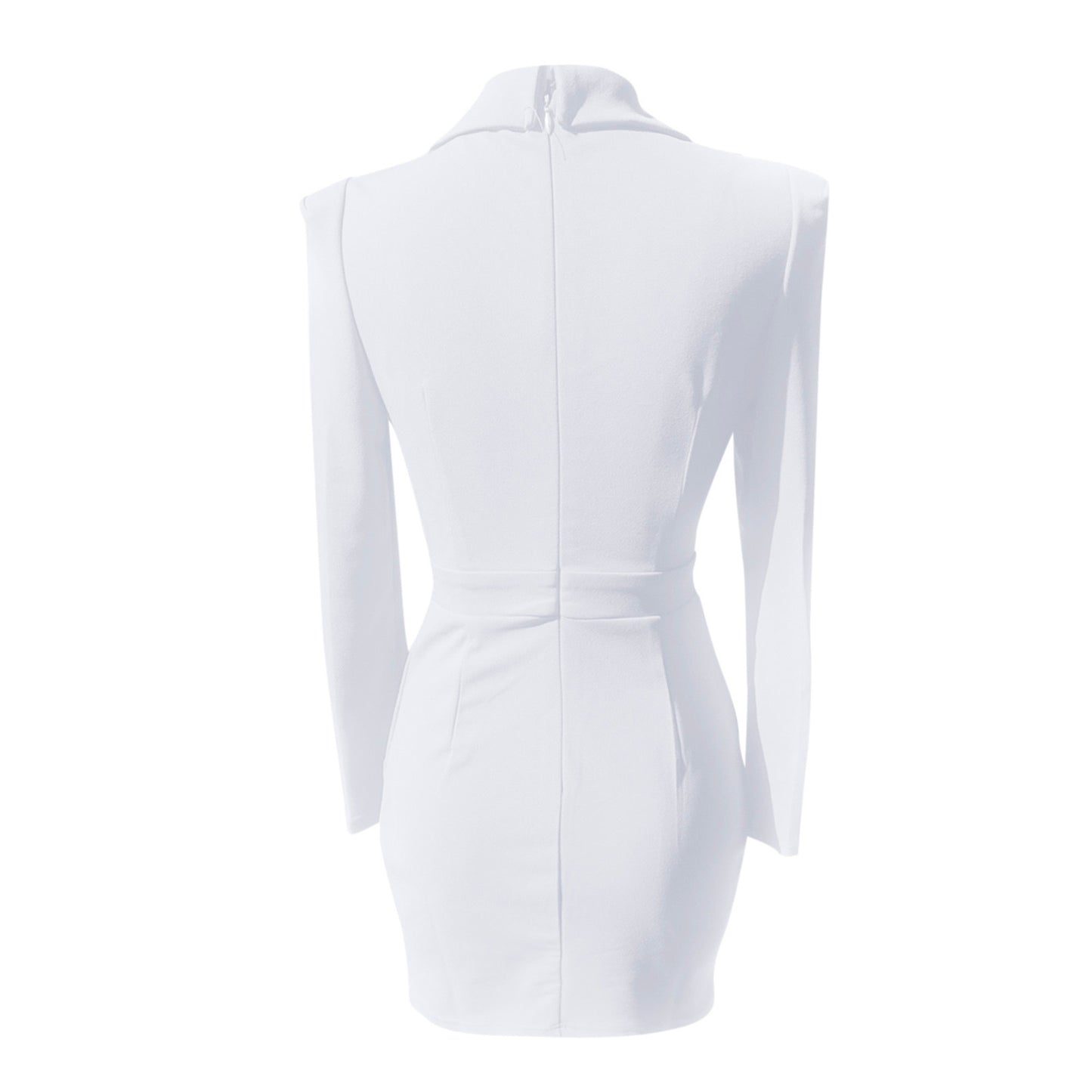 White long-sleeve mini dress shown from the back, featuring a structured collar, a defined waist, and a central seam, displayed on a clean white background.