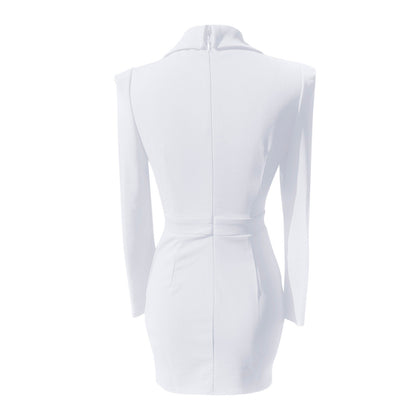 White long-sleeve mini dress shown from the back, featuring a structured collar, a defined waist, and a central seam, displayed on a clean white background.