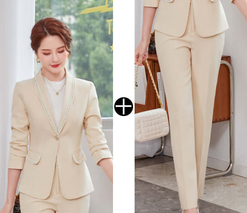 Beige suit worn by a woman with a close-up of the pants on a different background.