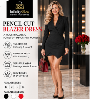 Women's  Pencil Cut Blazer Dress. The left side features a white panel with product details, including a black logo, the product name in red and black text, and a list of features.