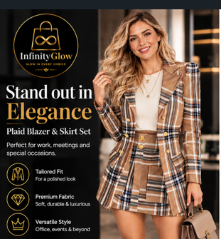 A woman modeling a plaid blazer and skirt set in a boutique setting, with promotional text and the InfinityGlow logo on the left side of the image.