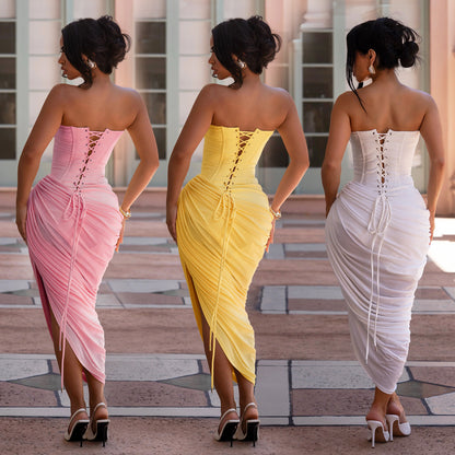 European And American Fashion Women's Sexy Off-Shoulder Tube Top Pleated Bodycon Dress