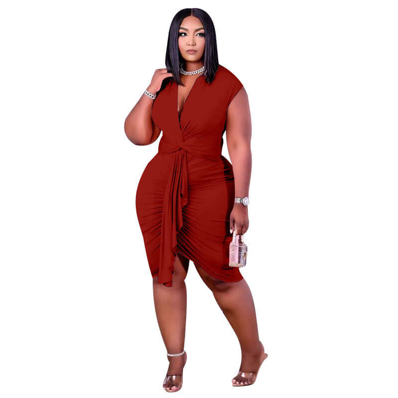 Woman wearing a red dress on a white background