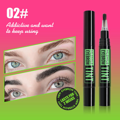 Women's Eyebrow tint product with close-up of eyes and text on a pink and green 