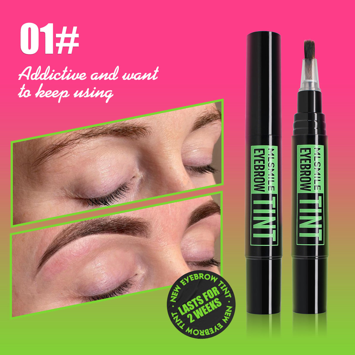 Eyebrow tint product with close-up of application on pink and green gradient background