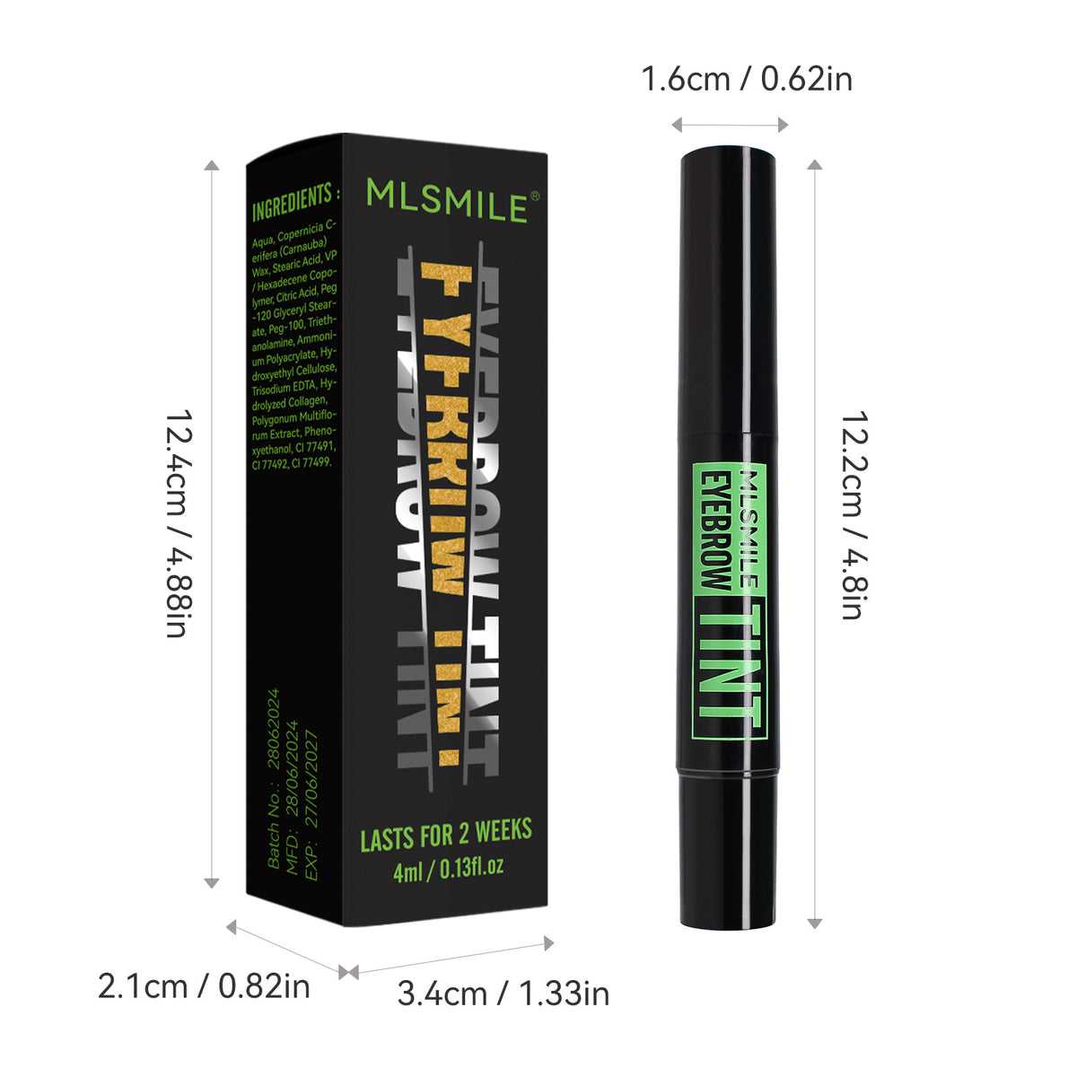 MMSmile lip tint packaging with dimensions on a white background
