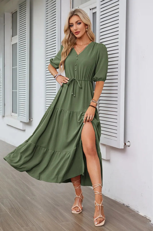 NORDHAVEN™ Women's V-Neck Drawstring Maxi Dress