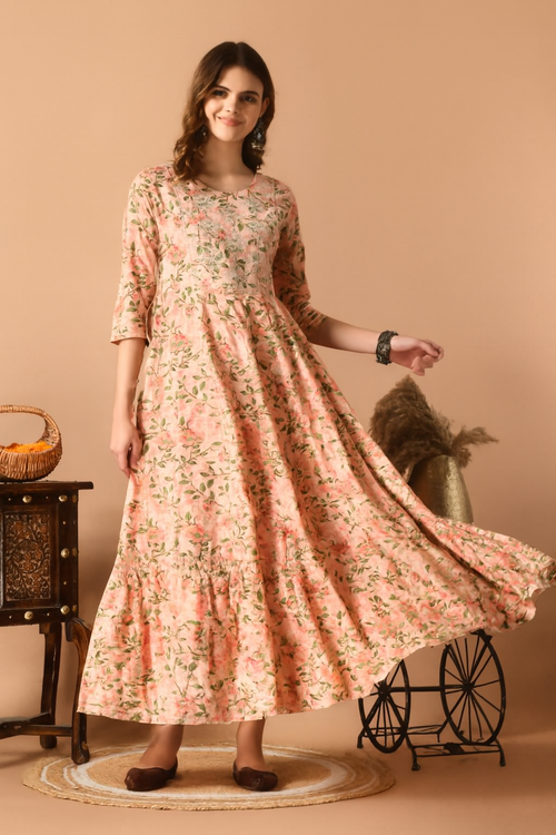 Floral Pleated Maxi Dress Pink & Green Modern - D18