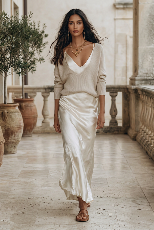 A woman walks on a sunlit stone terrace wearing a cream V-neck knit sweater and a matching satin slip skirt. The setting features rustic terracotta planters and classical stone balustrades.