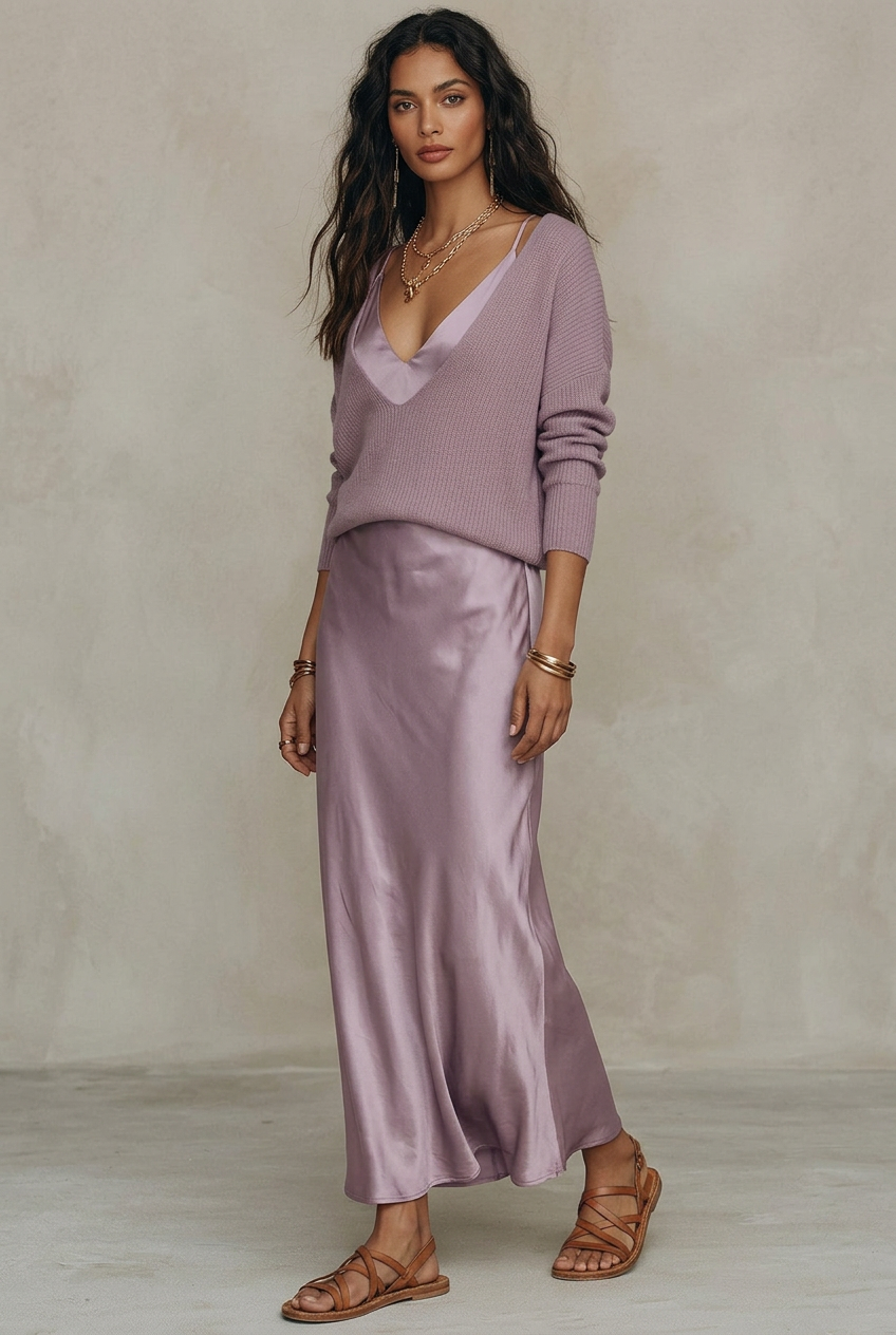 Three-quarter view of a model wearing a lavender satin maxi dress, matching V-neck sweater and brown sandals.