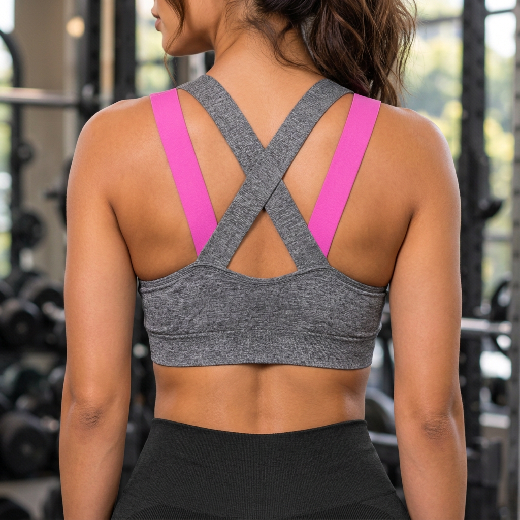 Rear close-up of a grey sports bra showing crossover back straps and pink accent straps.