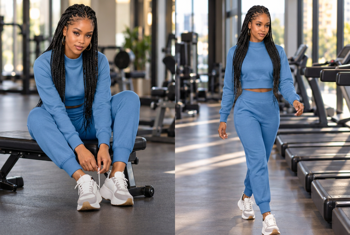 Two views of a model in a blue cropped long-sleeve top and matching joggers, seated on a gym bench and walking.