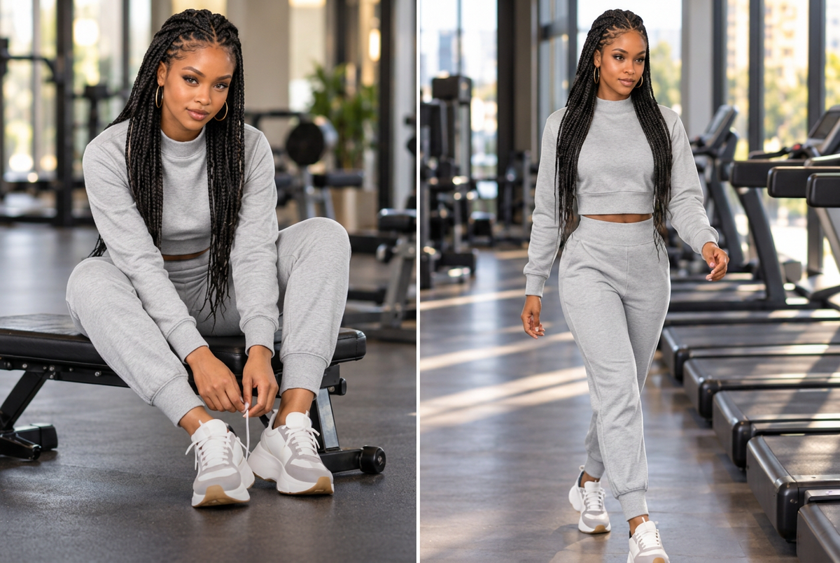 Two views of a model in a light grey cropped long-sleeve top and matching joggers, seated on a gym bench and walking.