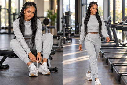 Two views of a model in a light grey cropped long-sleeve top and matching joggers, seated on a gym bench and walking.