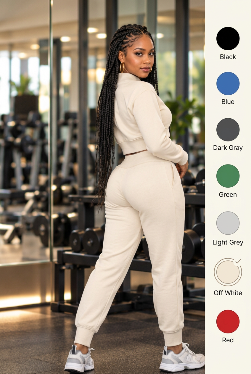 Rear three-quarter view of an off-white two-piece sports suit beside seven color swatches, with Off White selected.

