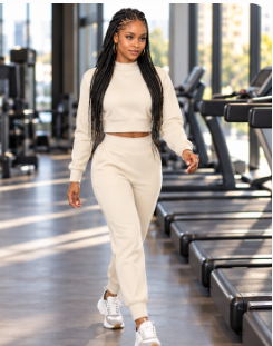Women walking through a gym wearing an off-white cropped long-sleeve top and matching trousers with white trainers.