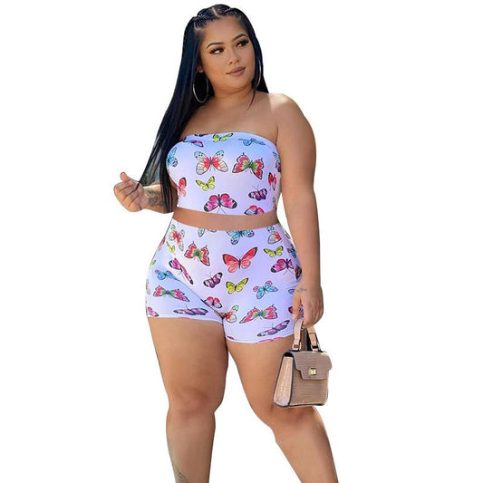 Women Set Streetwear Butterfly Print Strapless Crop Top Shorts Pants