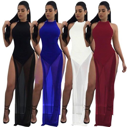 Summer Off Shoulder Mesh Maxi Dress Women high Split Backless Long