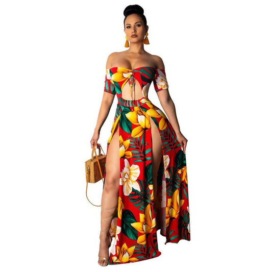 Printed Summer Beach Maxi Dress Strapless Off Shoulder Sexy High Slit