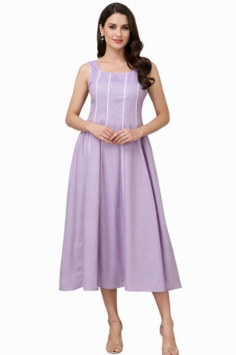 A woman modeling a sleeveless lavender midi dress with thin vertical white stripes, photographed against a plain white studio background.