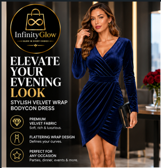 A woman modeling a dark blue velvet wrap bodycon dress in an elegant indoor setting, with promotional text and the InfinityGlow logo on the left side of the image.